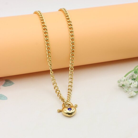 Heart Charm Gold Necklace with Blue Stone – Elegant Chain Style, XPNL0379 - Picture 8 of 13